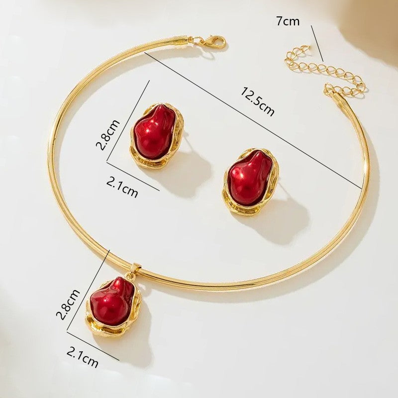 Beautiful burgundy imitation pearl baroque stud earrings collar set