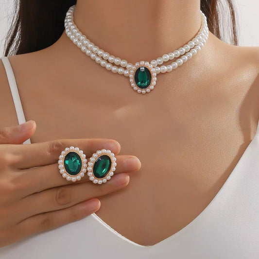 Double Pearl Necklace Set Emerald Collarbone Chain Necklace French Vintage Banquet Hepburn Style