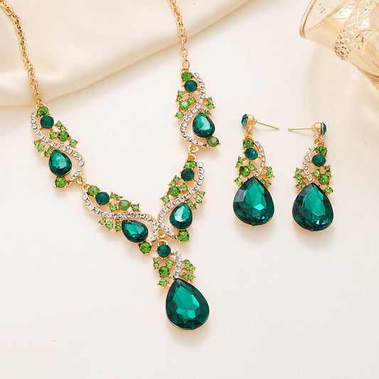Banquet Emerald Water Drop Necklace Earrings Set Women's High Sense Jewelry