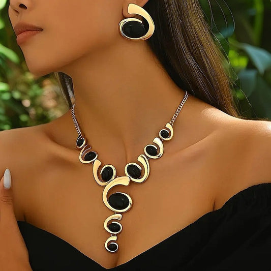 Oval snail-shaped splicing necklace stud earrings set retro exquisite jewelry