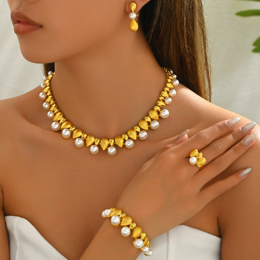 Geometric Pearl Long Necklace + Earrings + Ring Set