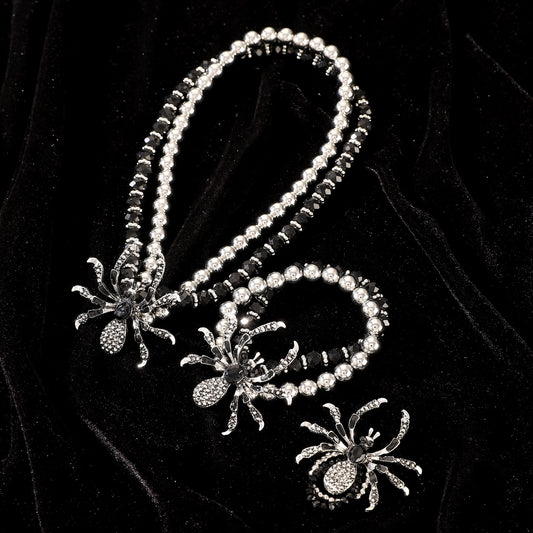 Gothic dark punk exaggerated Halloween diamond-encrusted spider necklace bracelet ring necklace set