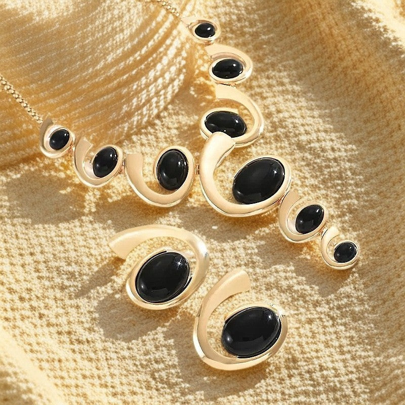 Oval snail-shaped splicing necklace stud earrings set retro exquisite jewelry