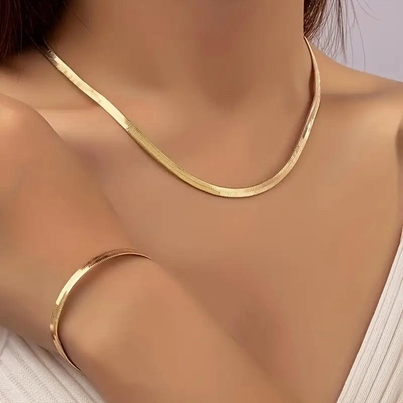 Stylish and simple gold versatile flat snake chain necklace bracelet jewelry set