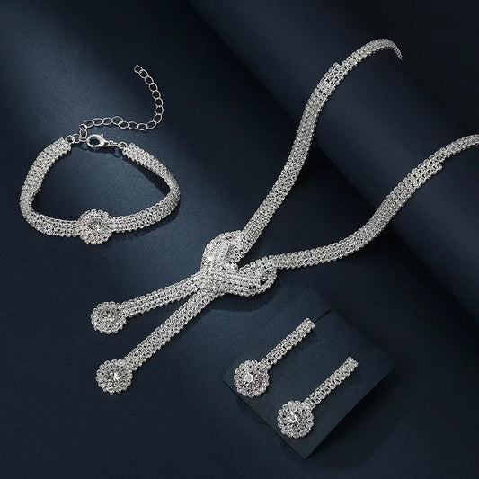 Cross-border temperament super flash diamond necklace earrings bracelet three-piece set, bridal wedding and daily wear