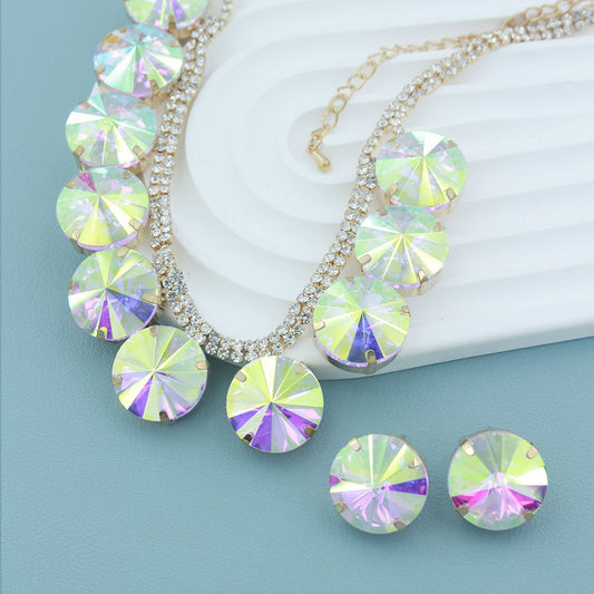 Fashion atmosphere AB diamond round exaggerated necklace + stud earrings jewelry set