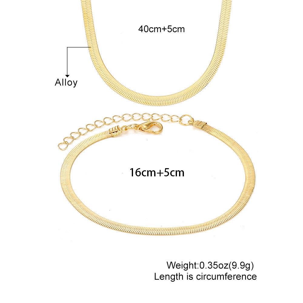 Stylish and simple gold versatile flat snake chain necklace bracelet jewelry set