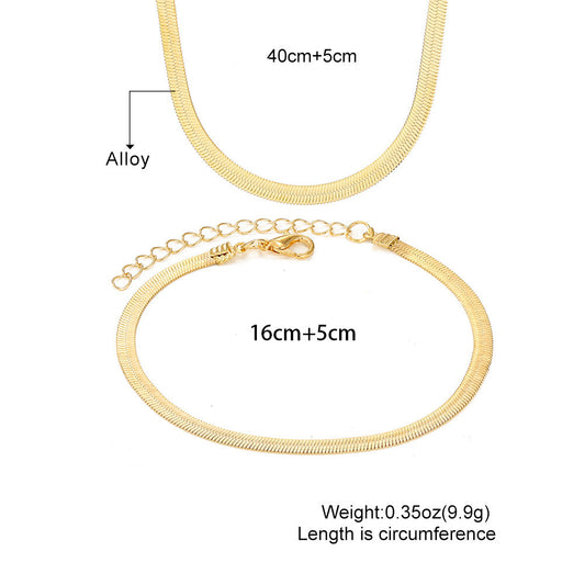 Stylish and simple gold versatile flat snake chain necklace bracelet jewelry set