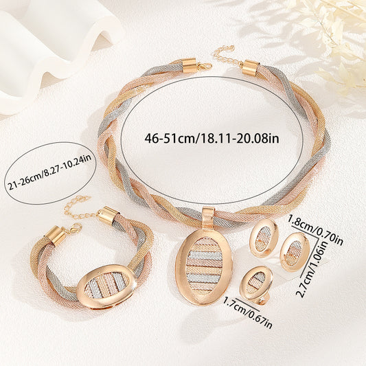 Handmade Jewelry Set Three-Color Mesh Chain Necklace Earrings Ring Bracelet Four-piece Set