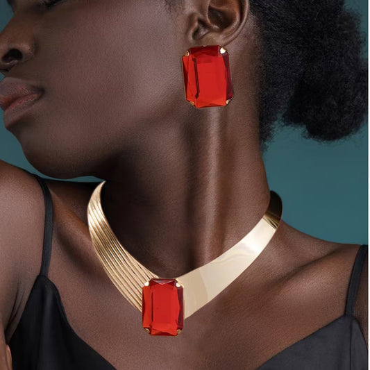 New inlaid gemstone collar stud earrings personalized banquet gift set