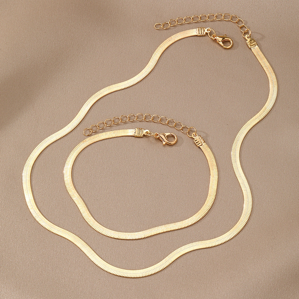 Stylish and simple gold versatile flat snake chain necklace bracelet jewelry set