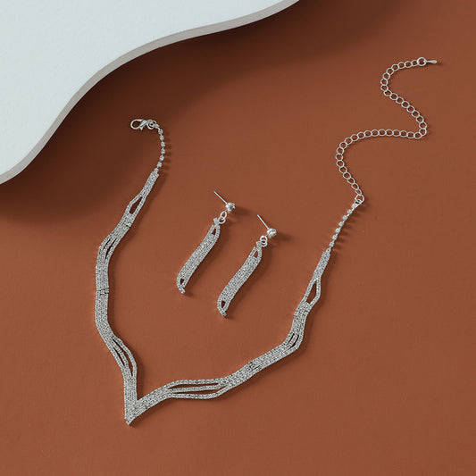 Simple Necklace Earrings Set Silver Claw Chain Rhinestones Wedding Dress Accessories