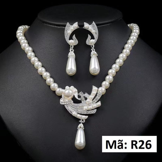 VOW 18K Gold High-end Crystal Diamond Pearl Necklace Earrings Jewelry Two-piece Set