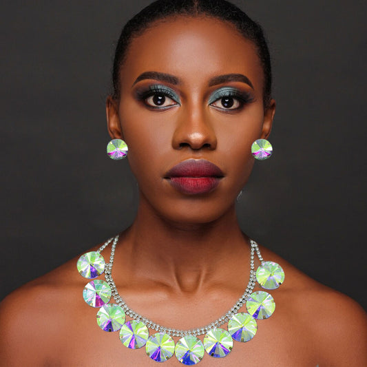 Fashion atmosphere AB diamond round exaggerated necklace + stud earrings jewelry set