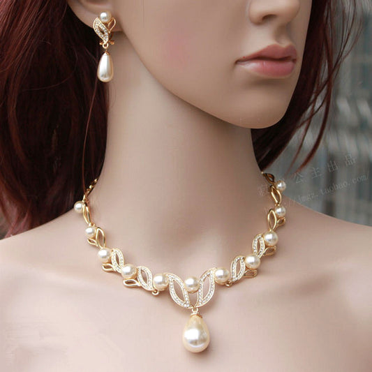 VOW 18K Gold High-end Crystal Diamond Pearl Necklace Earrings Jewelry Two-piece Set
