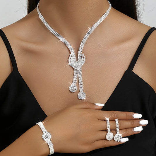 Cross-border temperament super flash diamond necklace earrings bracelet three-piece set, bridal wedding and daily wear