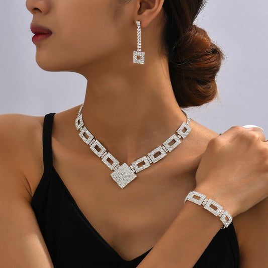 Popular Luxury Rhinestone Geometric Square Stud Earrings Bracelet Necklace 3-piece Set