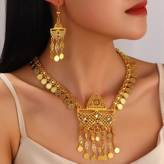 New Gold Alloy Hollow Crystal Coin Tassel Necklace Earrings Jewelry Set